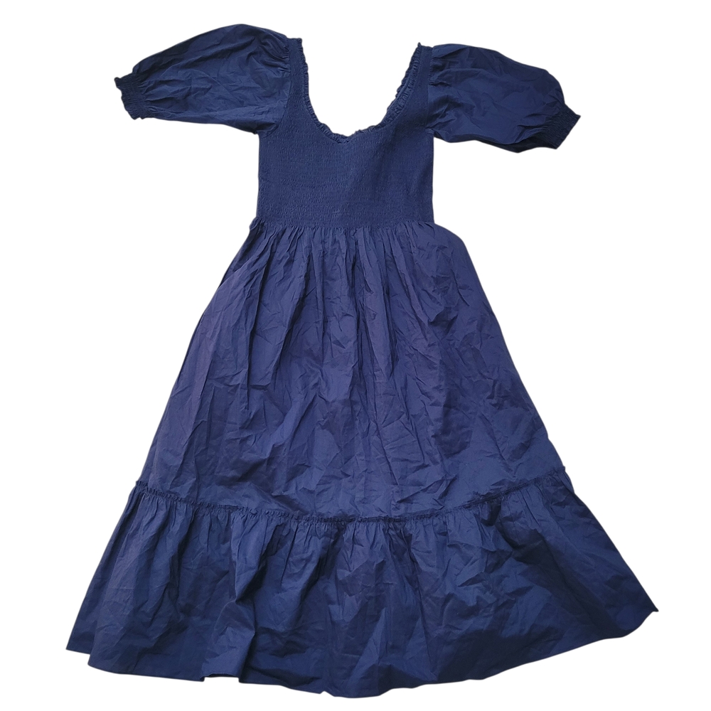 Hill House The Louisa Nap Dress Blue Smocked Puff Sleeves Ruffled Hem Cotton